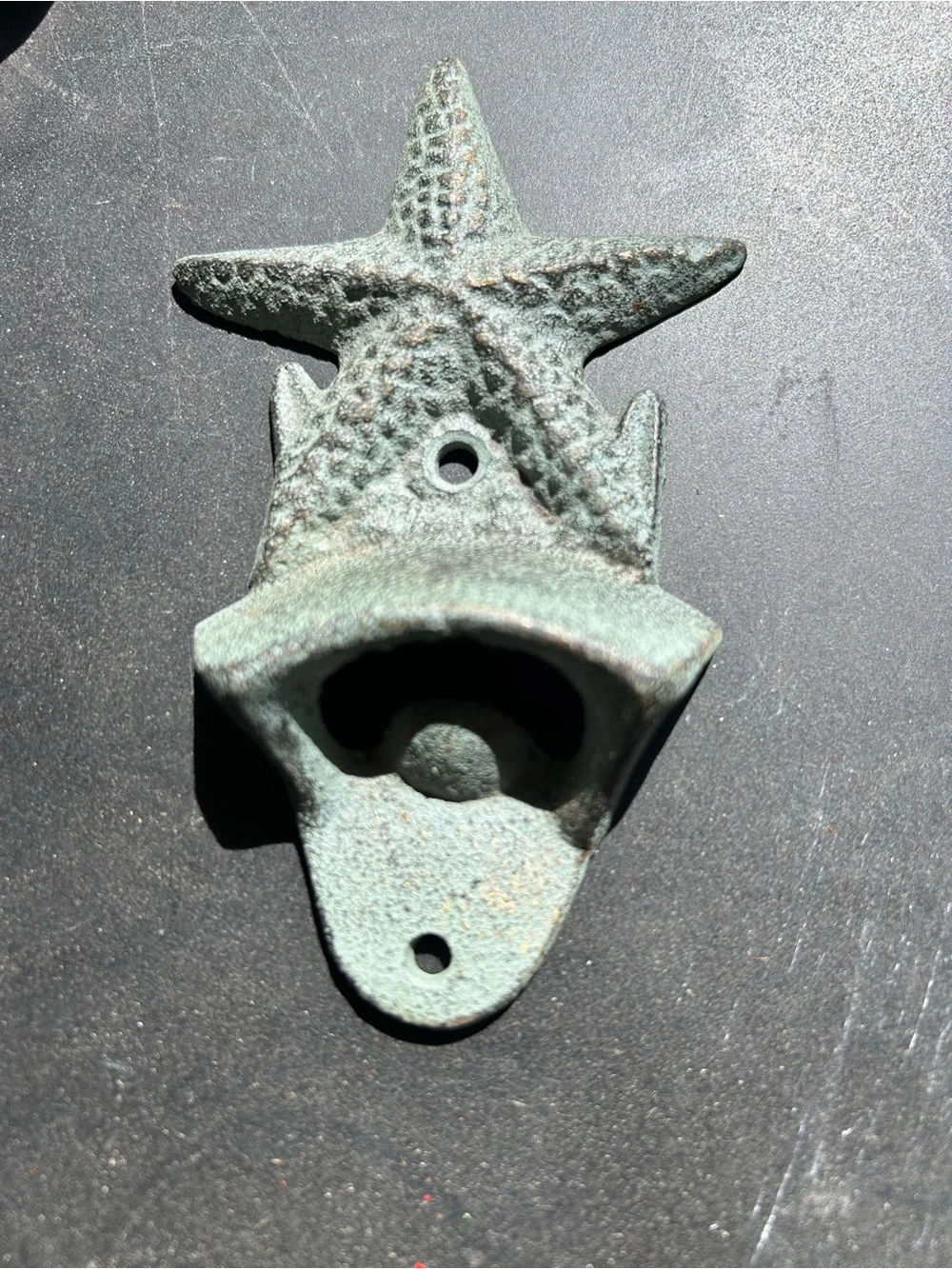 VTG Cast Iron Rustic Starfish Wall-Mount Bottle Opener - Green Patina-1 Starfish